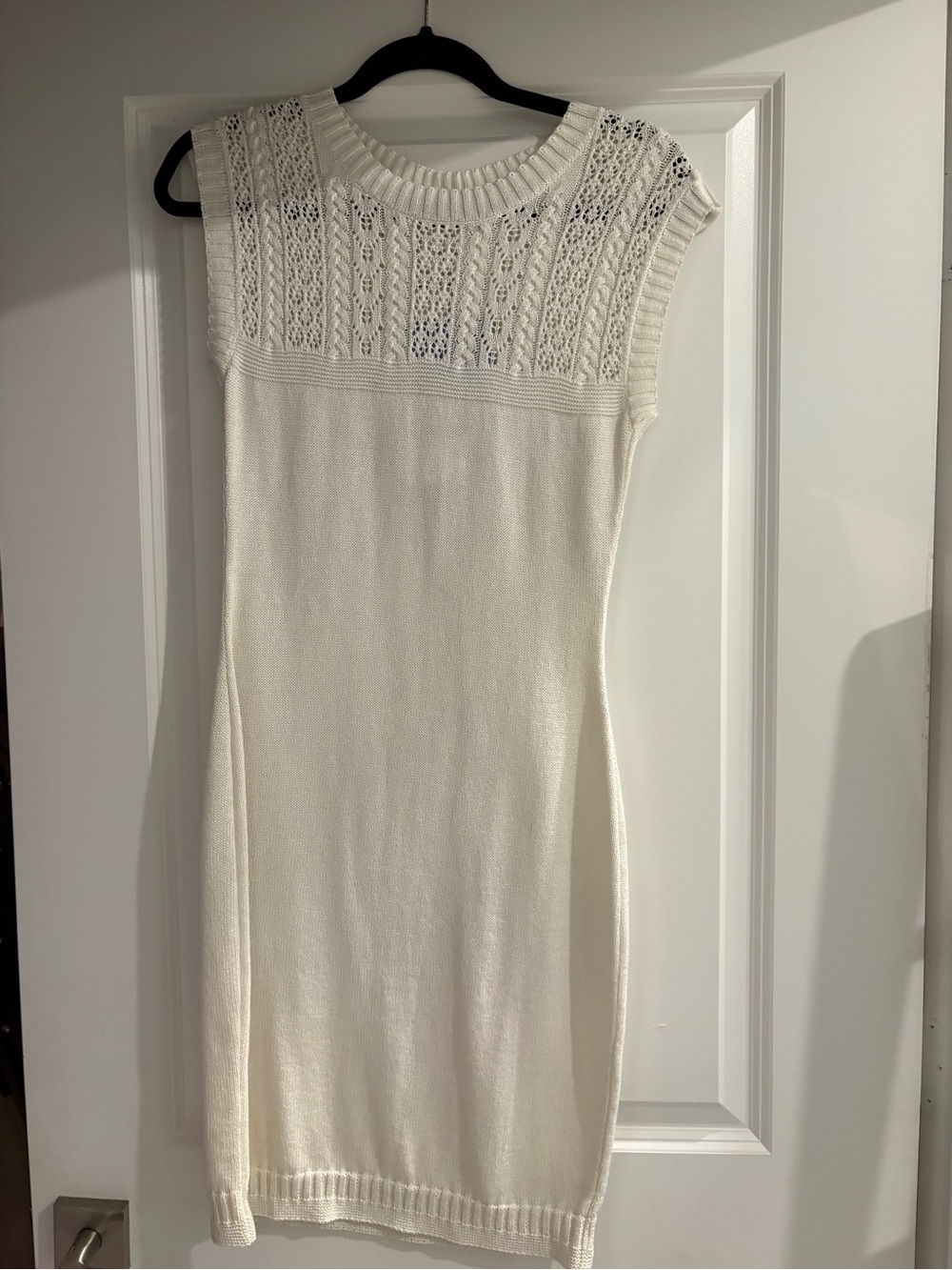CHANEL Cream Knit Cap-Sleeve Lace-Yoke Dress